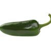Close up one fresh green jalapeno hot chili pepper isolated on white background, low angle side view